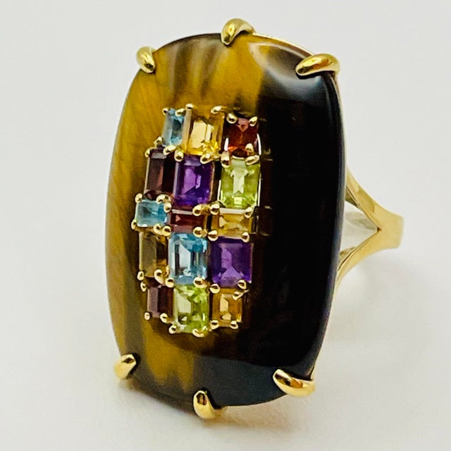 Massive Tiger's Eye & Multi-Gemstone Rainbow Cocktail Ring Sterling Silver Gold Vermeil - Size 9 For Sale - Image 11 of 11