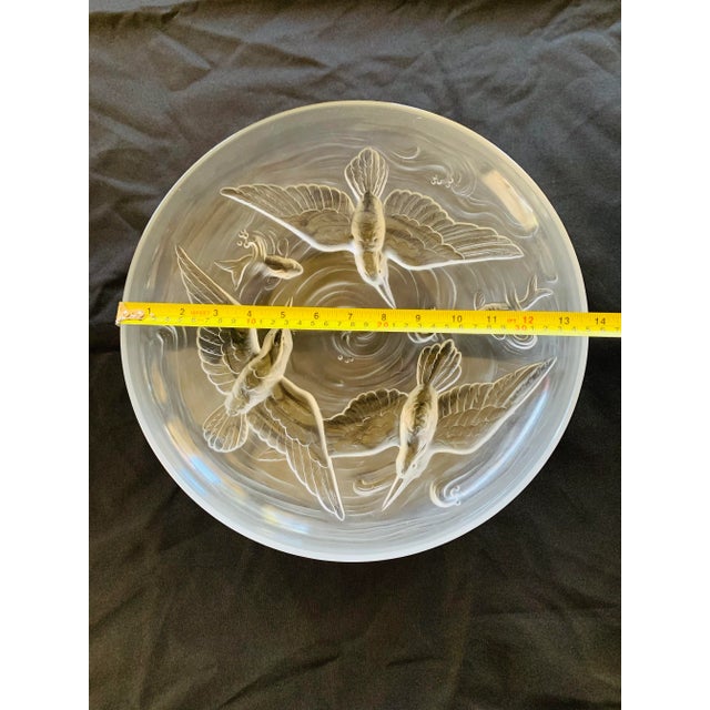 Verlys France large art glass bowl featuring birds (possibly geese) and Koi fish in high relief. This is a beautiful and...