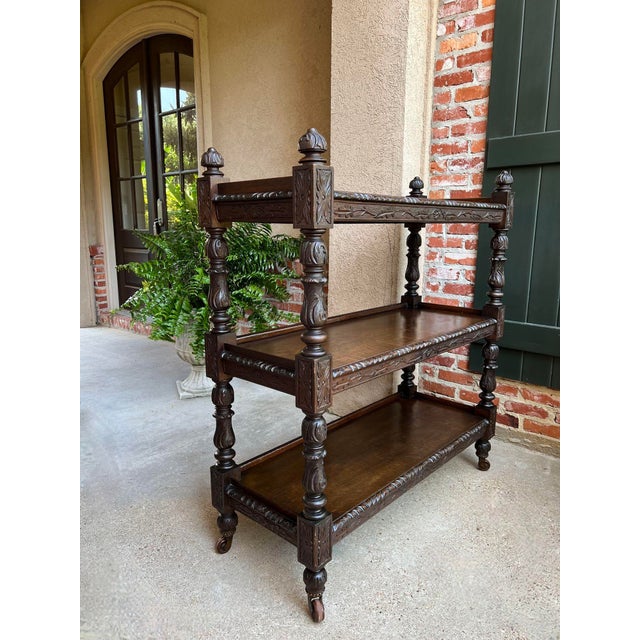 Antique English Hotel Dumbwaiter Server Sideboard Trolley Carved Oak Renaissance For Sale - Image 4 of 12