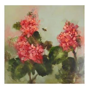 Contemporary Garden Pink Flowers Bee Painting