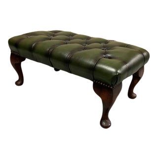 Vintage Mid-Century English Leather Chesterfield Footstool Ottoman, Green For Sale