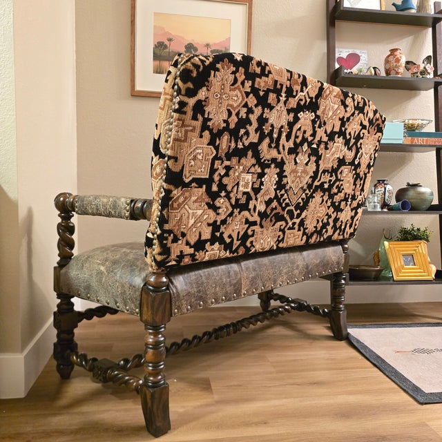 Custom Louis XIII Revival Loveseat/Bench With Distressed Leather and Tapestry Upholstery For Sale - Image 11 of 12