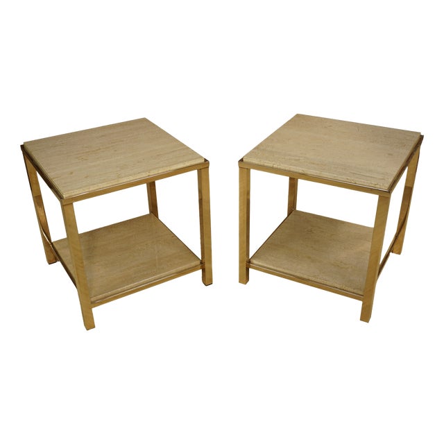 Side Tables in Travertine and 24 Carat Gold from Belgo Chrom / Dewulf Selection, 1970s, Set of 2 For Sale