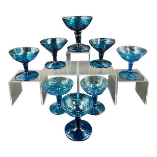 Early 20th Century Italian Hand-Blown Blue Art Stemware - Set of 8 For Sale