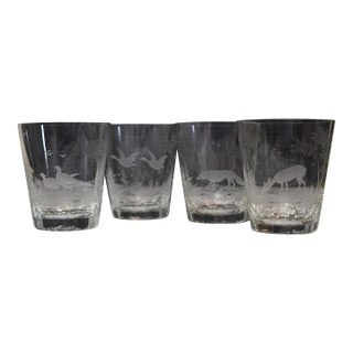 Mid 20th Century American Etched Animal Queen Lace Crystal Double Old Fashioned Glasses - Set of 4 For Sale