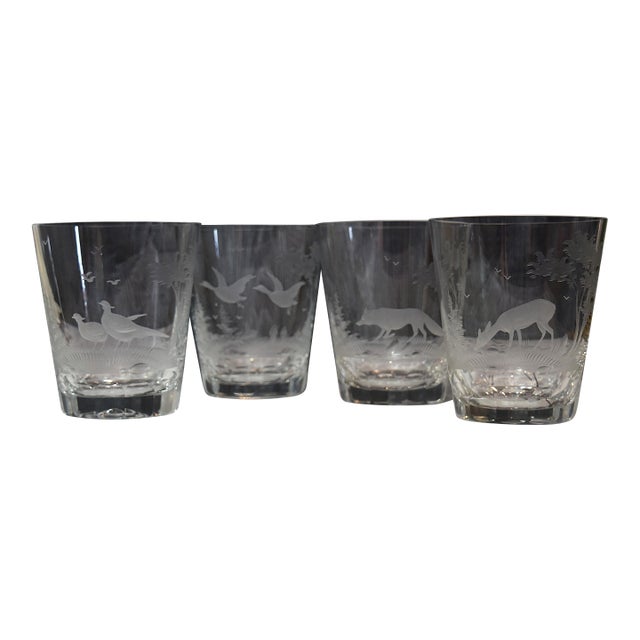 Mid 20th Century American Etched Animal Queen Lace Crystal Double Old Fashioned Glasses - Set of 4 For Sale