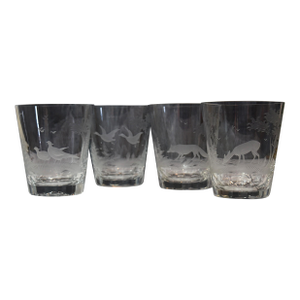 Mid 20th Century American Etched Animal Queen Lace Crystal Double Old Fashioned Glasses - Set of 4