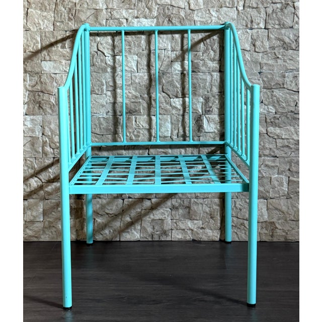Wrought Iron Turquoise Lounge Chair for Outdoor with Grid Seat For Sale - Image 16 of 18
