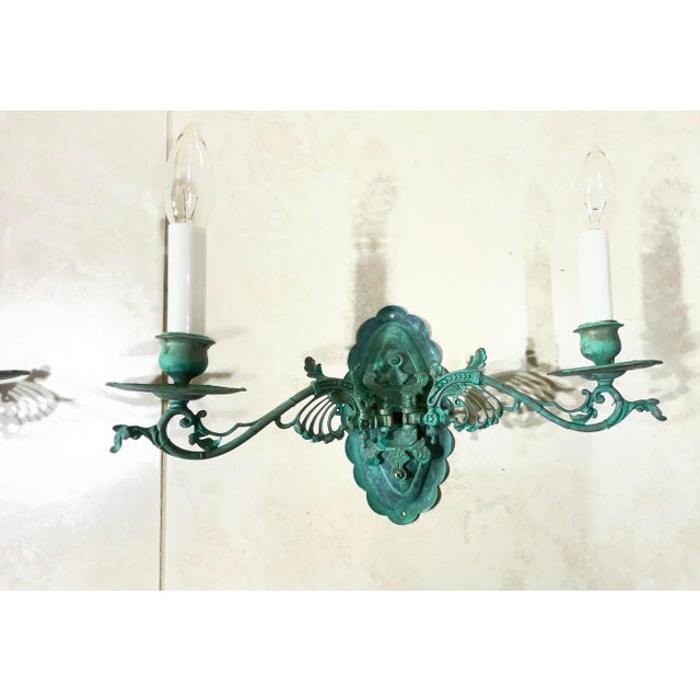 Pair of Antique French Style Verdigris Wall Sconces For Sale In Miami - Image 6 of 16