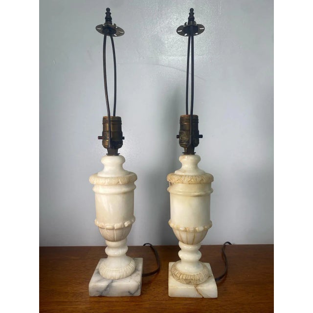 Neoclassical Pair of Mid Century Romanian Alabaster Marble Urn Table Lamps Neoclassical For Sale - Image 3 of 15