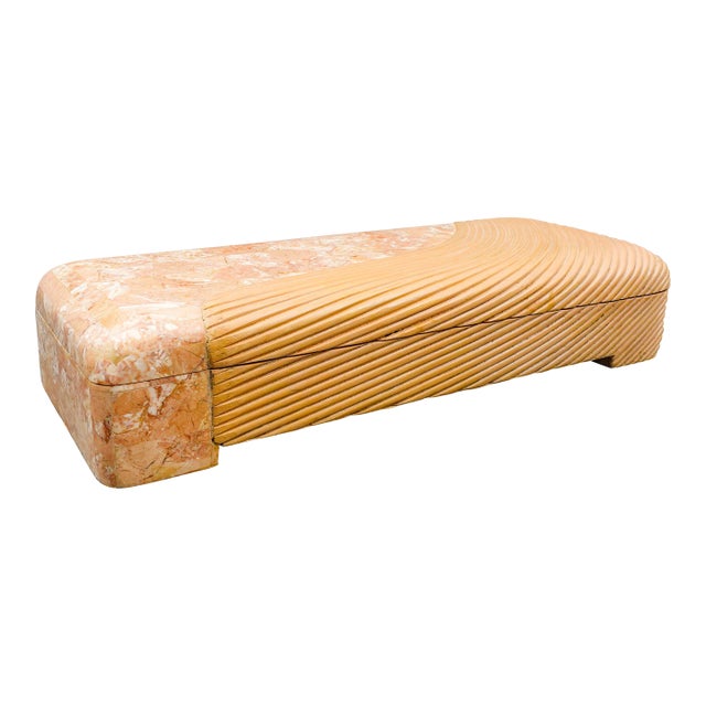 Mid 20th Century Maitland Smith Vintage Rattan Tessellated Stone Jewelry Storage Dresser Box For Sale