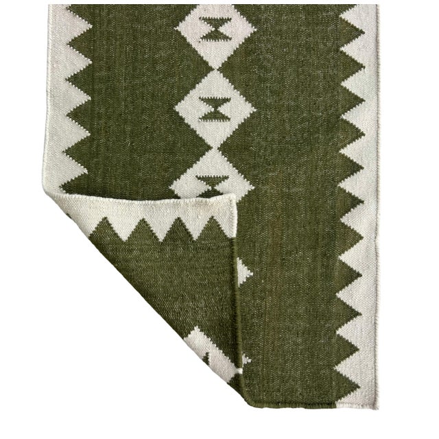 Handmade New Zealand Wool Dhurrie Runner, Olive Green and Cream Geometric Runner Rug- 2'x9' For Sale - Image 10 of 12