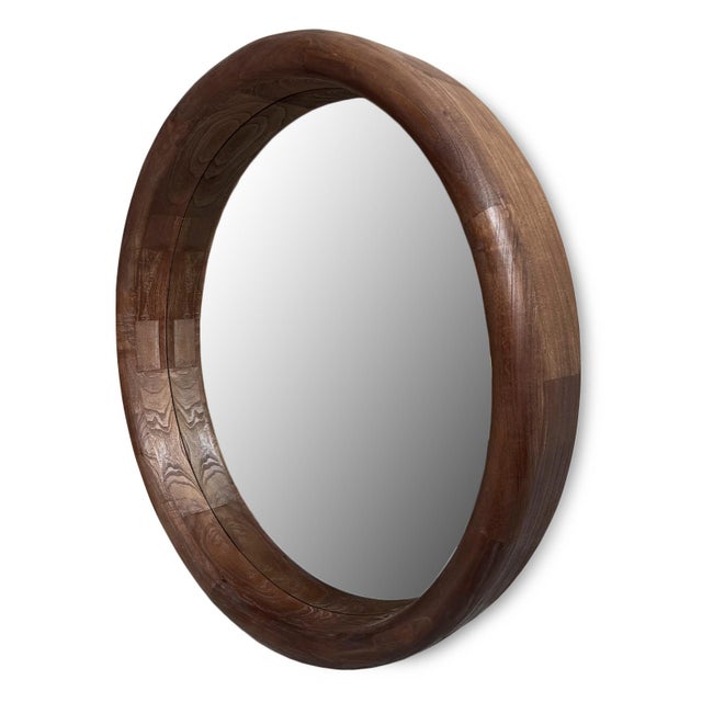 Contemporary Large Round Wood Walnut Brown Wall Mirror For Sale - Image 3 of 4