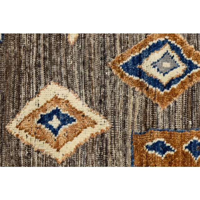 Tan Modern Tulu Tribal Wool Rug – Geometric Charcoal, Tan & Slate Blue 9x12 For Sale - Image 8 of 11