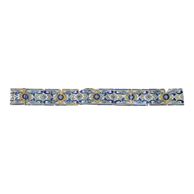 17th Century Portuguese Floral Border Tiles Set of 10 Blue, Yellow & White Antique For Sale