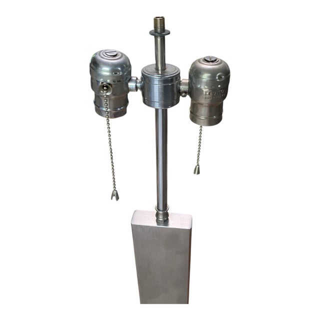 Late 20th Century Pair of Tall Steel T Shaped Lamps With Rectangular Shade For Sale - Image 5 of 7