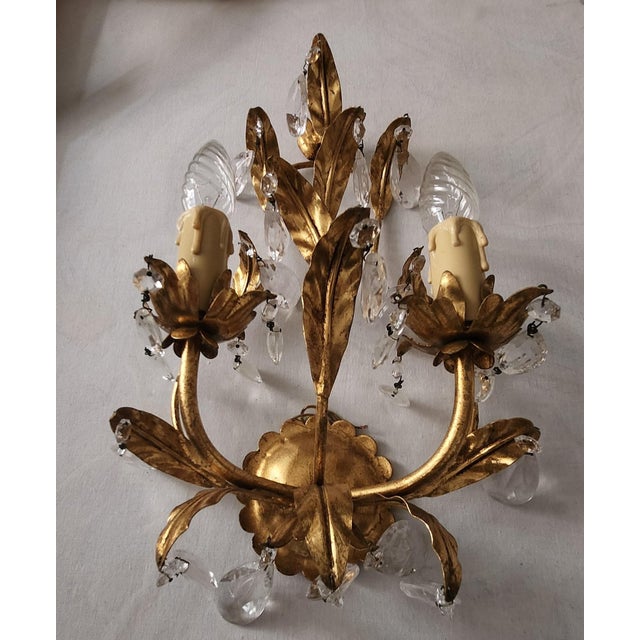 Mid-Century Regency Modern Boheme Shabby Chic Forged Gold Leaf Gilded Floral Two Light Sconce with Crystal Drops, Italy, 1950s, Set of 3 For Sale - Image 16 of 18
