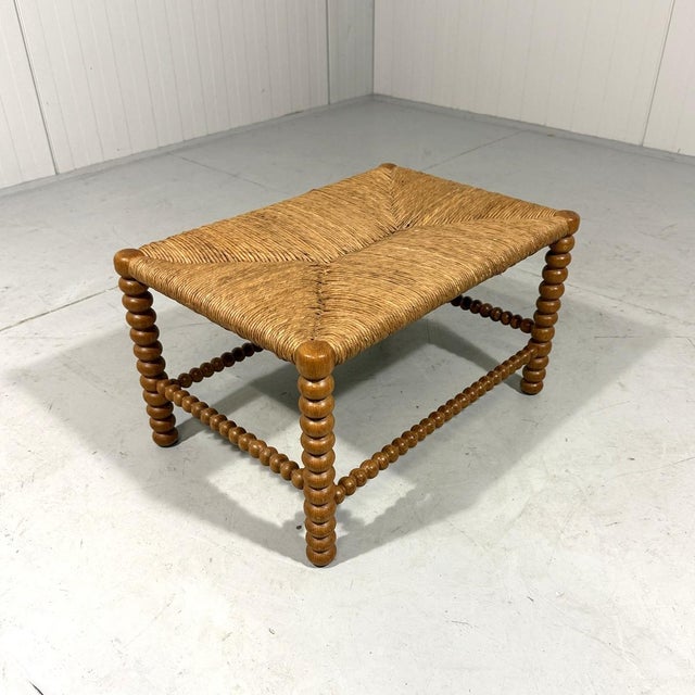 1930s Low Oak Bobbin Stool with Rush Seat, 1930s For Sale - Image 5 of 10