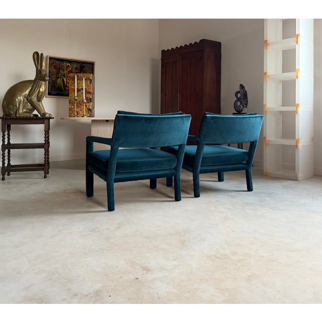 Emerald Pair Re-Upholstered Emerald Green Velvet Parsons Lounge Chairs Milo Baughman For Sale - Image 8 of 18