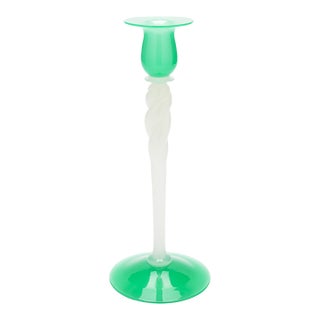 Steuben Jade Green and White Opaline Glass Candlestick, C. 1925 For Sale