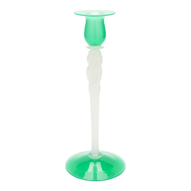 Steuben Jade Green and White Opaline Glass Candlestick, C. 1925 For Sale