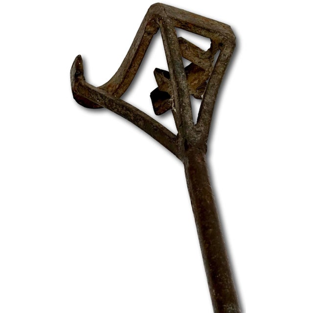 Oxblood Red Large Authentic Antique Western Hand Wrought Iron & Wood Handle J Bar 7 Cattle Ranch Branding Iron For Sale - Image 8 of 12