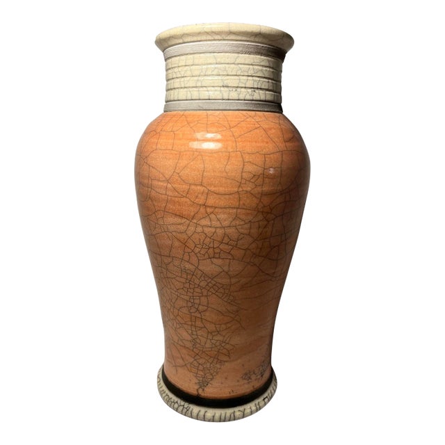 1996 Signed Native American Style Two Tone Crackle Glaze Raku Pottery Vase For Sale