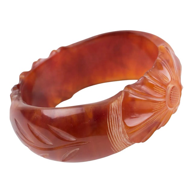 Bakelite Carved Bracelet Bangle Red Tea Marble For Sale