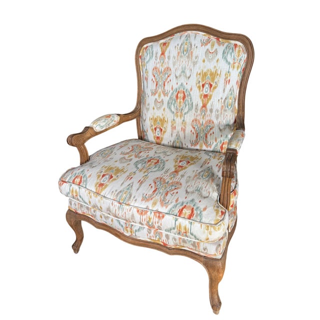 Louis XV-Style French Provincial Fauteuil in Custom Ikat Upholstery For Sale - Image 11 of 18