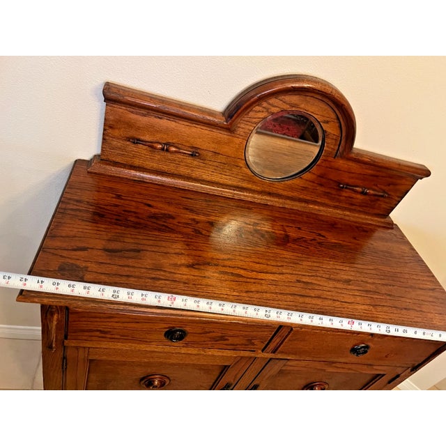 Antique Barley Twist Oak Server Cabinet Sideboard Buffet Console, Beveled Mirror For Sale - Image 15 of 17