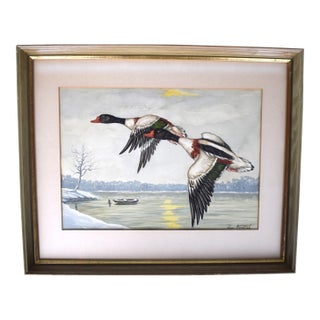 Mid 20th Century "Two Ducks in Flight Over Lake" Watercolor Ex- c.z. Guest Estate For Sale