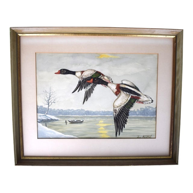 Mid 20th Century "Two Ducks in Flight Over Lake" Watercolor Ex- c.z. Guest Estate For Sale