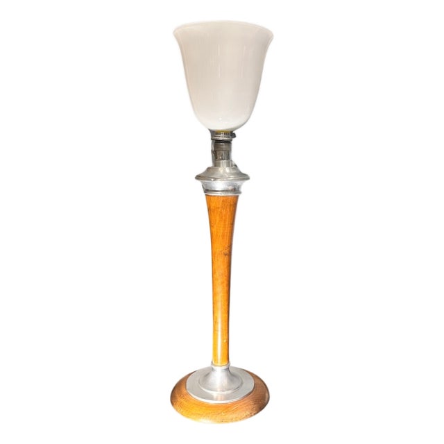 Art Deco Table Lamp in Wood and Opaline Glass from MAZDA, France, 1920s For Sale