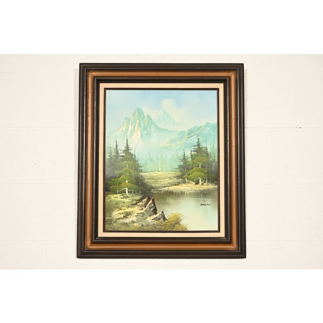 Bob Ross Style Original Signed Mountain River Landscape Oil Painting in Carved Wood Frame For Sale - Image 16 of 16