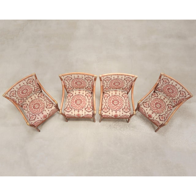 Contemporary Set of Four McGuire Spindle-Back Rattan Ikat Dining Armchairs For Sale - Image 3 of 18