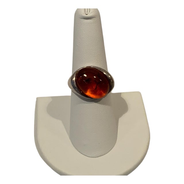 1970s Sterling Silver Baltic Amber Cabochon Ring Size 7.5 For Sale