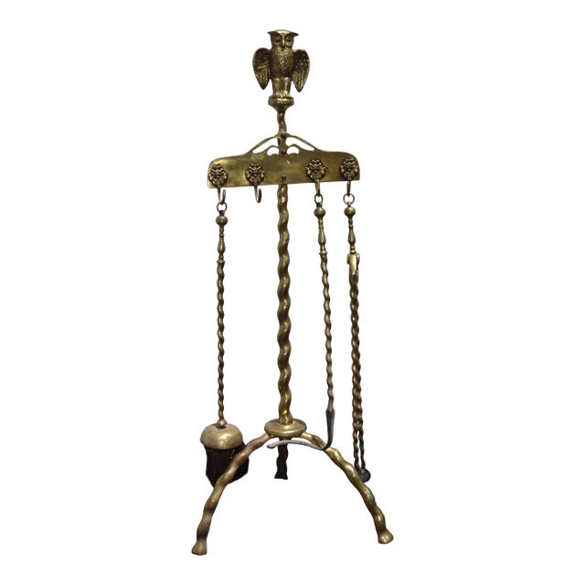 Vintage French Country Gold Metal Fireplace Tools W Owl Motif For Sale