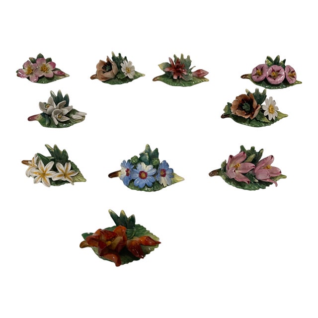 1970s Set of Dresden Porcelain Place Card Holders With Intricate Flowers - Set of 11 For Sale