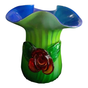 1980s Blue Green Art Glass Vase With Applied Florals & Ruffled Edge