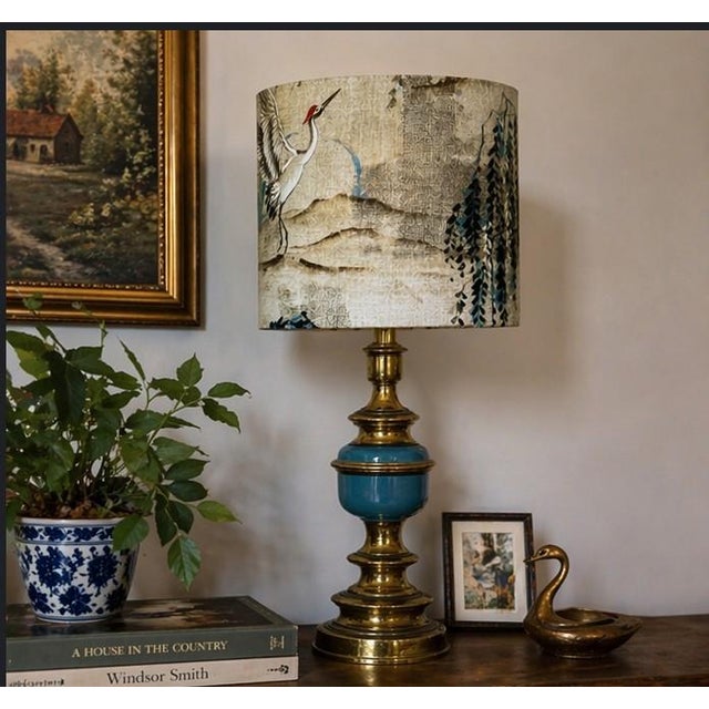 1950s Vintage Brass & Teal Table Lamp With Custom Designer Crane Landscape Shade – Statement Piece For Sale - Image 5 of 6