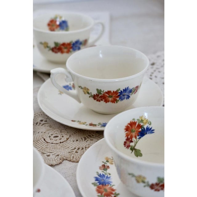 Earthenware Tea Cups and Saucers with Polychrome Floral Patterns from Royal Sphinx, Maastricht, Belgium, Set of 6 For Sale - Image 5 of 9