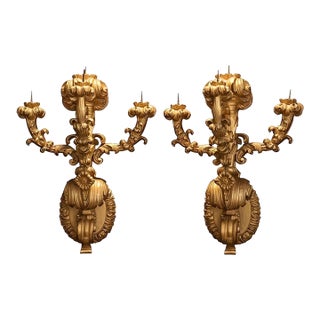 Rare Pair of Early 19th Century Italian Baroque Style Giltwood Wall Candelabras For Sale