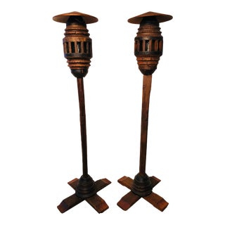 1990s Indonesian Wood Floor Lamps - a Pair For Sale
