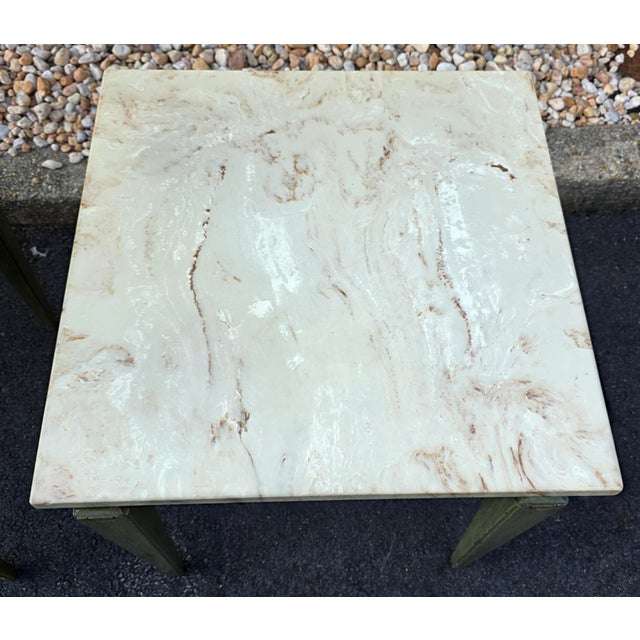 Mid 20th Century Pair of Vintage White Marble Top Patinated Aqua Finish Neoclassical-Style Side Tables For Sale - Image 5 of 11