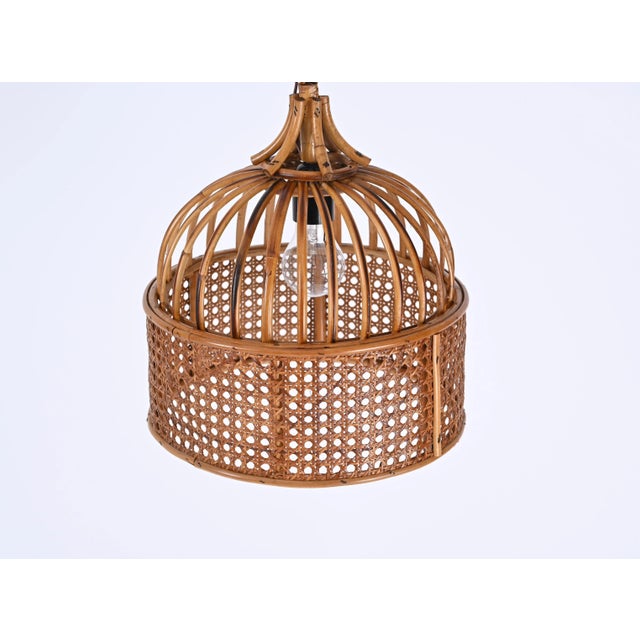 Mid-Century Modern French Riviera Round Pendant in Rattan and Wicker, Italy, 1970s For Sale - Image 3 of 12