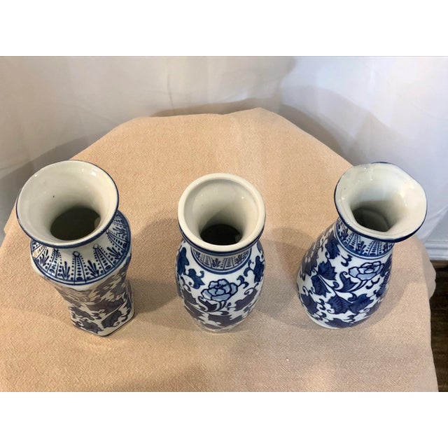 Traditional Set of 3, 19th Century Qing Dynasty Blue and White Porcelain Vases For Sale - Image 3 of 10
