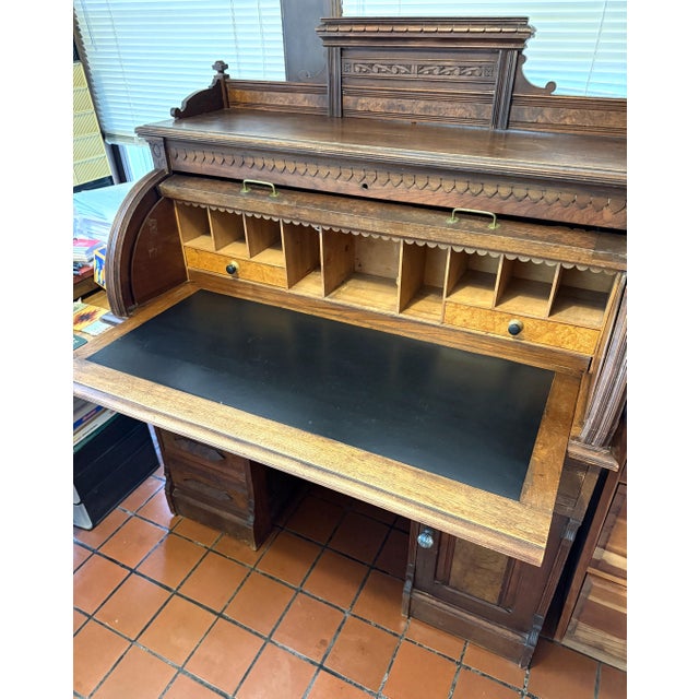 Antique Walnut Roll Top Desk, Many Drawers & Cubby Holes, Leather Mat For Sale - Image 10 of 12