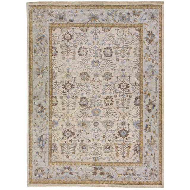 Textile Apadana's Artisan Collection Beige Handmade Floral Indian Wool Rug For Sale - Image 7 of 7