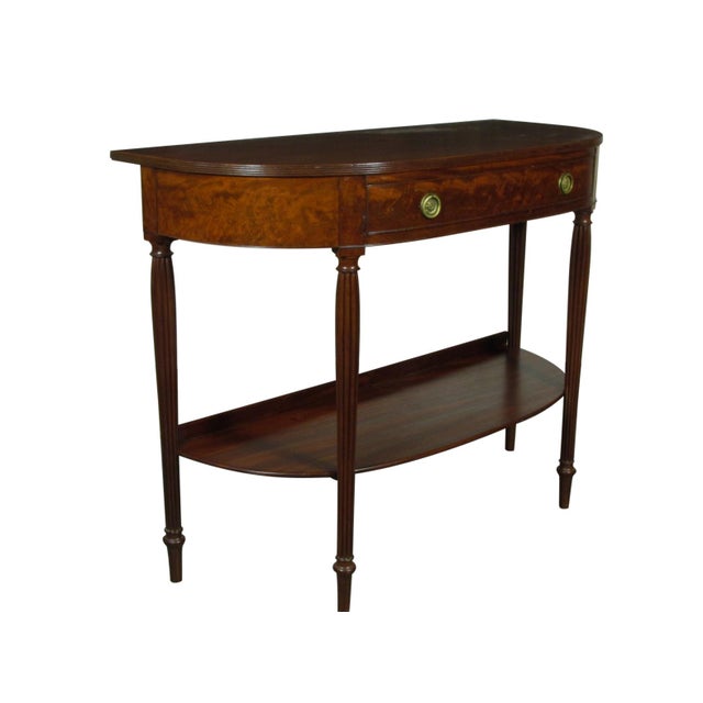 A late 18th-C. mahogany console table with one frieze drawer. Features fancy crotch mahogany veneers, solid wide board...