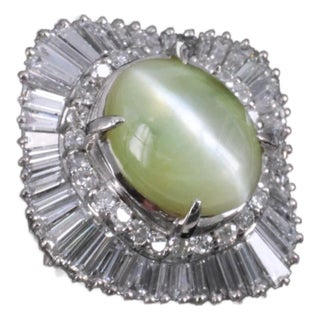 Late 20th Century Rare 8.95ct Natural Chrysoberyl Cat's Eye 2.60ct Diamond Platinum Ring Size 6.5 For Sale